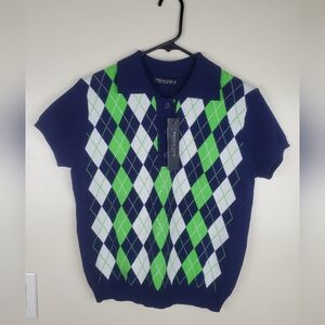 NWT Emerson Lang Young Contemporary Navy and Lime Argyle Polo Size M